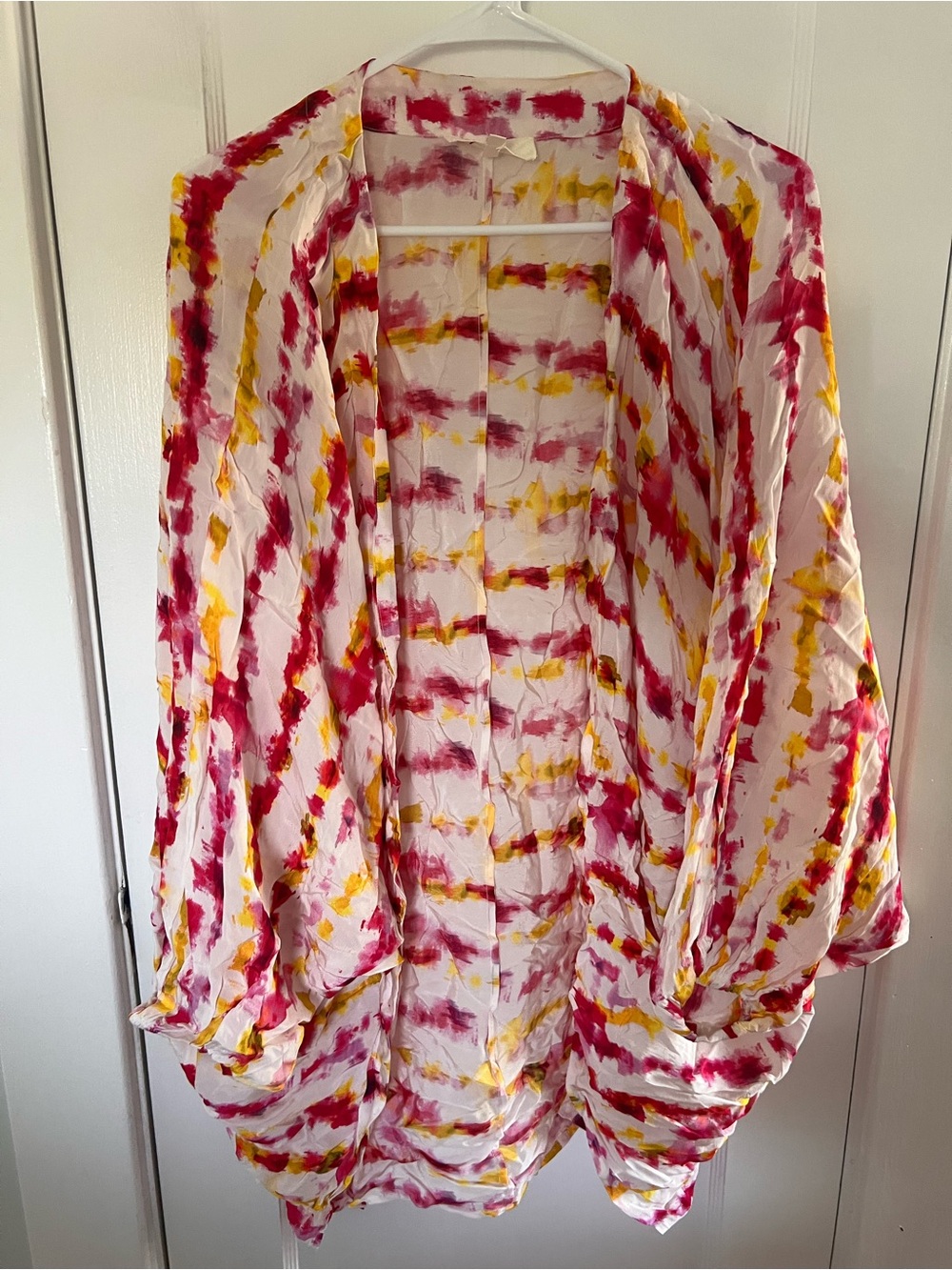Anthropologie White Tunic Kimono with Red & Yellow Tie-Dye